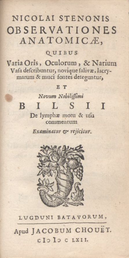 Nicolai Stenonis Observationes anatomicae, quibus varia oris, oculorum, et narcium vasa describuntur, novique salivae, lacrymarum et muci fontes deteguntur, et novum nobilissimi Bilsii de lymphae motu et usu commentum examinatur et rejicitur Nicolai Stenonis Observationes anatomicae, quibus varia oris, oculorum, et narcium vasa describuntur, novique salivae, lacrymarum et muci fontes deteguntur, et novum nobilissimi Bilsii de lymphae motu et usu commentum examinatur et rejicitur